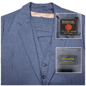 80s Custom 3 Piece Suit Dormeuil Twill Kleiderhaus Tlapa Karl Vitaly Blue Stripe